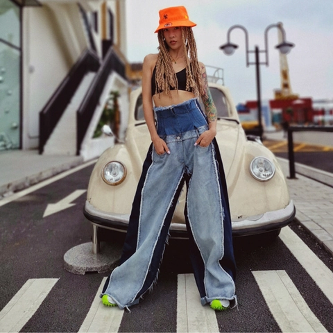 Damen High Waist Color Block Weite Jeans Patchwork Offene Kante Dekonstruiert Denim Schlaghose Streetwear Lange Hose