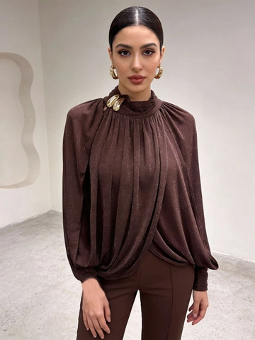 Damen Eleganter Schimmer High Neck Drapierte Bluse Lockere Langarm Glitzerstoff Einfarbig Lady Abendparty Büro Hemd