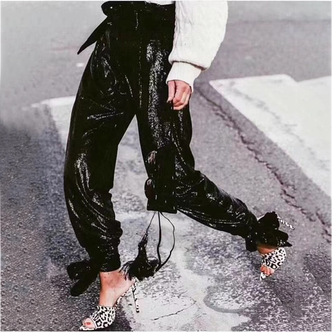 Pantaloni Harem da Donna Neri con Paillettes a Vita Alta Con Fiocco sull'Orlo Streetwear Casual Jogger in Poliestere Pantaloni Lunghi Conici