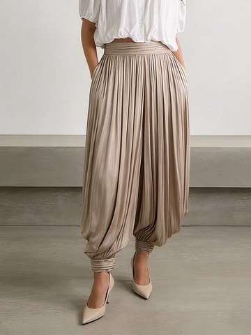 Damen High Waist Plissee Laternenhose Satin Seidenoptik Bündchen Haremshose Khaki Vielseitig Streetwear Mode Lange Hose
