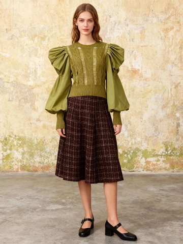 Maglione in Maglia Patchwork da Donna Girocollo Traforato Manica Lunga a Sbuffo Lanterna Top in Maglia Casual