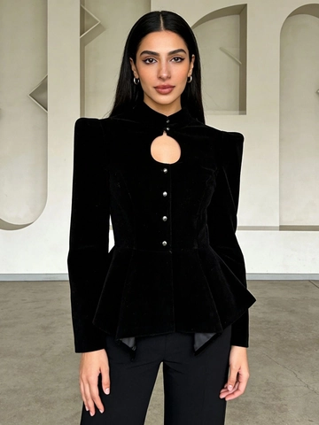 Vintage Black Velvet Blouse For Women Elegant Keyhole Cutout Peplum Jacket Slim Fit Puff Sleeve Stand Collar Social Party Top