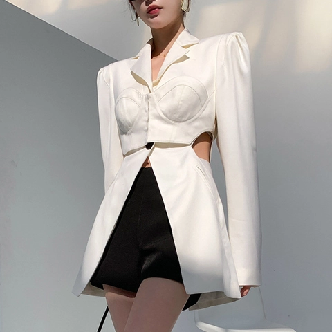 Women Fashion Cut Out Waist Blazer Jacket Elegant Padded Shoulder Long Sleeve Slim Fit Structured Commute Blazer Outerwear
