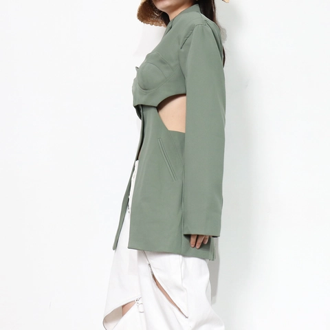 Women Fashion Cut Out Waist Blazer Jacket Elegant Padded Shoulder Long Sleeve Slim Fit Structured Commute Blazer Outerwear