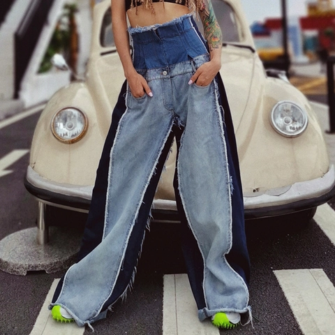 Damen High Waist Color Block Weite Jeans Patchwork Offene Kante Dekonstruiert Denim Schlaghose Streetwear Lange Hose