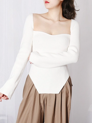 Maglione da Donna Sexy con Scollo Quadrato in Maglia Moda Orlo Irregolare Spacco Laterale Pullover Top Pendolarismo Intellettuale