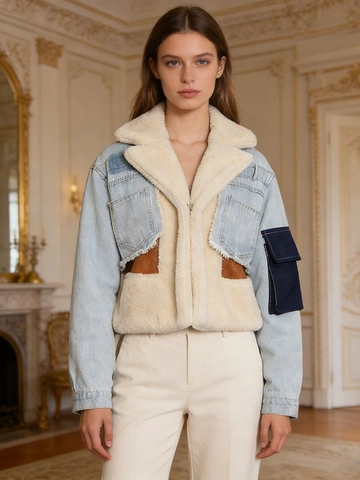 Chaqueta Vaquera Patchwork Vintage para Mujer Abrigo Acolchado con Forro Polar de Lana de Cordero Artificial Holgado Manga Larga Invierno