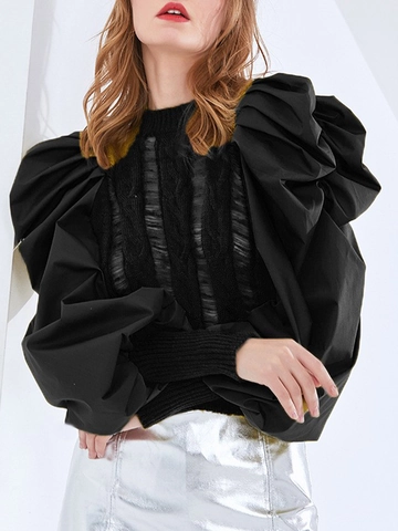Maglione in Maglia Patchwork da Donna Girocollo Traforato Manica Lunga a Sbuffo Lanterna Top in Maglia Casual