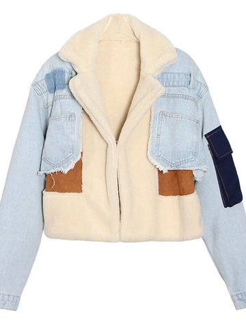 Chaqueta Vaquera Patchwork Vintage para Mujer Abrigo Acolchado con Forro Polar de Lana de Cordero Artificial Holgado Manga Larga Invierno