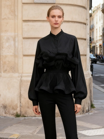 Elegant Ruffle Pleated Blouse With Wide Belt Gold Buckle Stand Collar Lantern Sleeve Solid Color Office Fashion Shirt Top