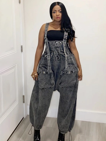 Salopette en Denim à Taille Haute pour Femmes Pantalon Cargo à Jambes Larges Coupe Décontractée Gris Lavé Jumpsuit Mode