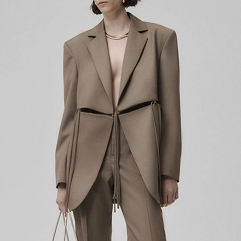 Dames Designer Blazerjas Met Opengewerkte Details En Vetersluiting Katoenmix Taille Cut Out Lange Mouw Streetwear Pakjas Khaki Paars