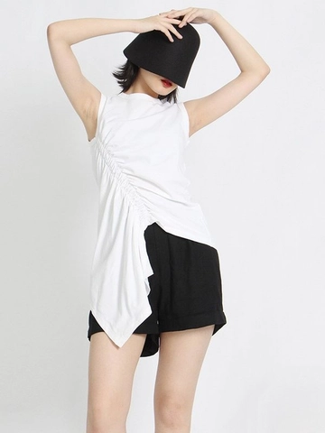 Top da Donna Senza Maniche Arricciato Slim Fit Girocollo Tinta Unita Orlo Asimmetrico Moda Cotone Poliestere Canotta Casual
