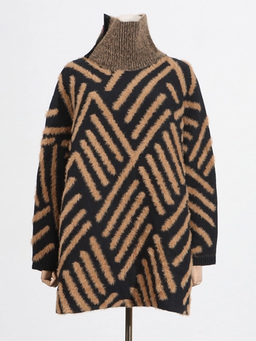 Women High Neck Geometric Knitted Sweater Loose Faux Mink Fur Thick Turtleneck Long Sleeve Pullover Warm Winter Top