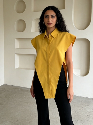 Women's Asymmetric Hem Sleeveless Shirt Lapel Neck Inverted Triangle Design Irregular Top Elegant Solid Color Blouse
