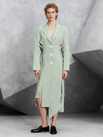 Trench Lungo da Donna Casual con Colletto a Giacca e Traforato Verde Salvia con Cintura in Vita Vestibilità Slim Elegante