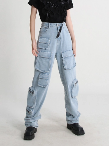 Damen High Waist Hellblaue Cargo Jeans Weites Bein Mehrere Taschen Gespleißt Gerade Streetwear Baggy Lange Hose