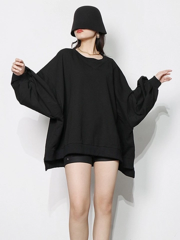 Sudadera Casual de Mezcla de Algodón para Mujer Oversize Cuello Redondo Manga Linterna Jersey Holgado Color Sólido Manga Murciélago Streetwear