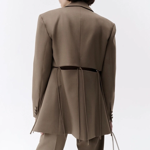 Dames Designer Blazerjas Met Opengewerkte Details En Vetersluiting Katoenmix Taille Cut Out Lange Mouw Streetwear Pakjas Khaki Paars