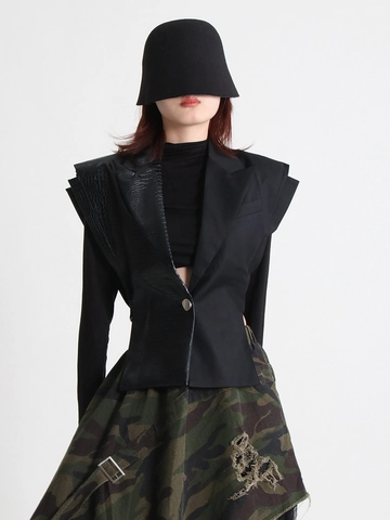 Damen Asymmetrisches Design Kunstleder Patchwork Weste Slim Fit Chic Schwarz V-Ausschnitt Anzug Weste Weste Jacke Für Damen
