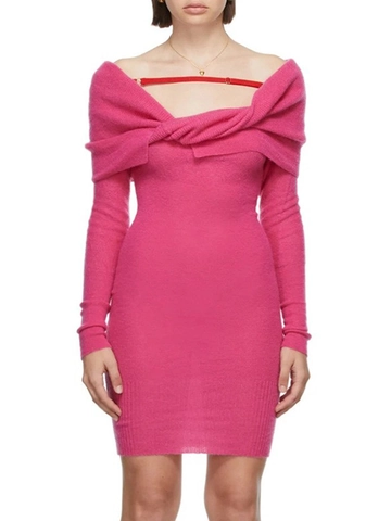 Robe Mini en Tricot à Épaules Dénudées pour Femmes Manches Longues Nœud Torsadé Devant Robe Pull Ajustée Couleur Unie Sexy Élégante