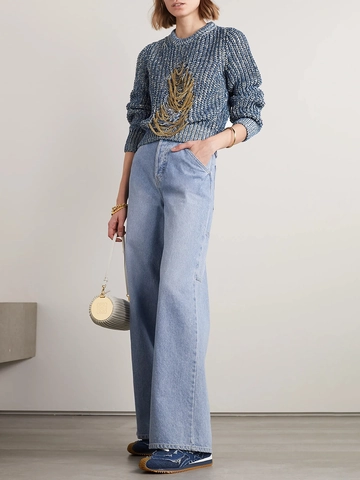 Damen Strickpullover Goldkette Dekor Blau Weiß Gemischt Distressed Cutout Rundhals Langarm Schicker Pullover Top