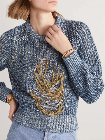 Damen Strickpullover Goldkette Dekor Blau Weiß Gemischt Distressed Cutout Rundhals Langarm Schicker Pullover Top