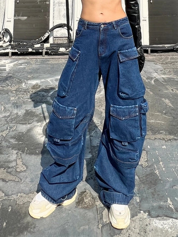 Jeans Cargo da Donna a Vita Alta Tasche Multiple Gamba Larga Baggy Pantaloni in Denim Streetwear Casual Pantaloni alla Moda Donna