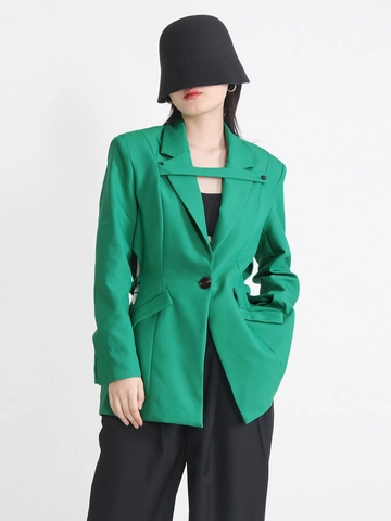 Damen Mode Design-Sinn Blazer Cut-Out Taille Ein-Knopf Langarm Büro Pendler Anzug Jacke Grün Schwarz