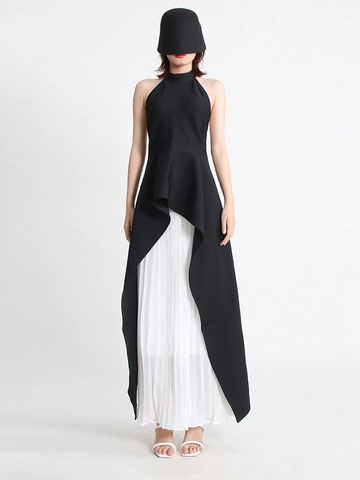Conjunto de Moda Elegante Para Mujer Con Top Asimétrico De Cuello Halter Y Falda Larga Plisada Blanca Contraste De Color