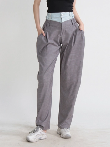 Damen Hohe Taille Karomuster Weites Bein Hose Casual Patchwork Doppelter Bund Locker Plissiert Gerade Hose Streetwear Hose