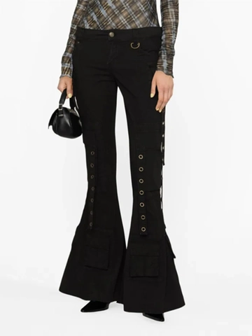 Pantalones Cargo Acampanados de Cintura Alta para Mujer Con Bolsillos Ojales Metálicos Streetwear Y2K Pantalones de Moda Casual