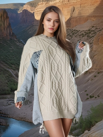 Γυναικείο Oversized Πλεκτό Πουλόβερ με Patchwork Αποδομημένο Τζιν Μακρυμάνικο Casual Πλεκτό Τοπ Μεσαίου Μήκους