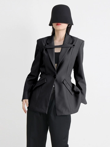 Damen Mode Design-Sinn Blazer Cut-Out Taille Ein-Knopf Langarm Büro Pendler Anzug Jacke Grün Schwarz
