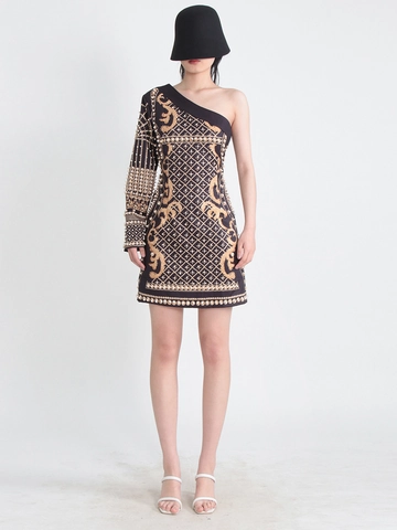 Damen Barock Gold Stickerei Minikleid Einseitige Schulter Langarm Künstliche Perlen Besetzt Slim Bodycon Party Kleid