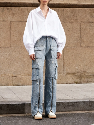 Women's High Waist Ripped Denim Jeans Streetwear Straight Wide Leg Cargo Pants With Vertical Zipper Distressed Denim Pants