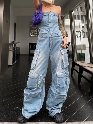 Combinaison Denim Bandeau Streetwear Femme Taille Haute Lavé Cargo Jambe Large Plusieurs Poches Sans Manches