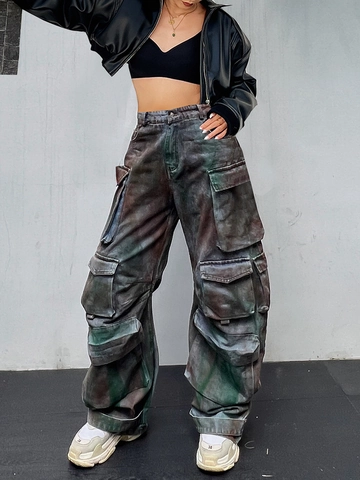 Women High Waist Multi Pocket Cargo Jeans Retro Graffiti Loose Wide Leg Denim Pants Streetwear Oversized Fashion Trouser