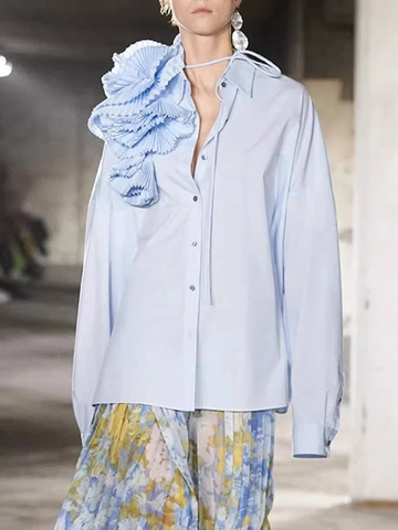 Women French Design 3D Flower Pleated Blouse Long Sleeve Cotton Blend Button Down Loose Shirt Top Elegant Fashion Streetwear