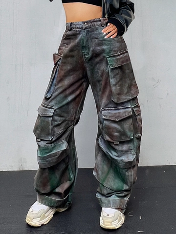 Women High Waist Multi Pocket Cargo Jeans Retro Graffiti Loose Wide Leg Denim Pants Streetwear Oversized Fashion Trouser