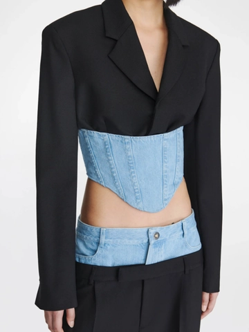 Blazer à Manches Longues à la Mode Patchwork Denim Taille Mince Corset Top Fermeture Éclair Arrière Veste Courte Navette Élégant Femme