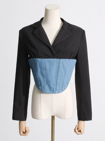 Blazer à Manches Longues à la Mode Patchwork Denim Taille Mince Corset Top Fermeture Éclair Arrière Veste Courte Navette Élégant Femme