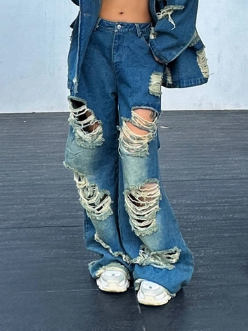 Women High Waist Ripped Wide Leg Denim Jeans Frayed Distressed Streetwear Casual Long Pants Street Style Blue