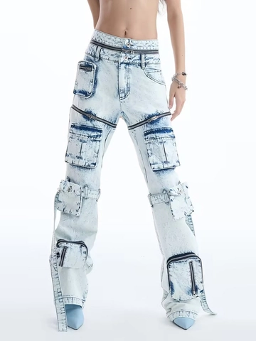 Dames High Street Gedconstrueerde Cargo Jeans Lichtblauw Acid Wash Gradiënt Multi Zak Rits Holle Denim Broek Mode
