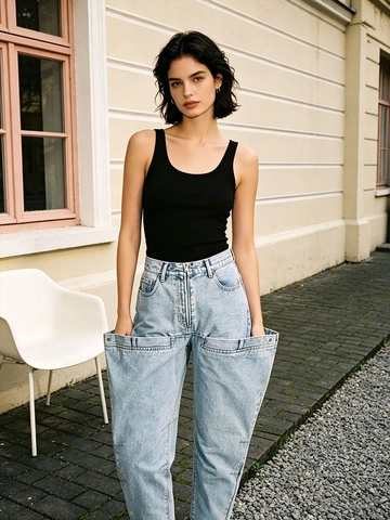 Dames High Waist Straight Leg Jeans Avant-Garde Structurele Oversized Zakken Gewassen Denim Streetwear Losse Lange Broek