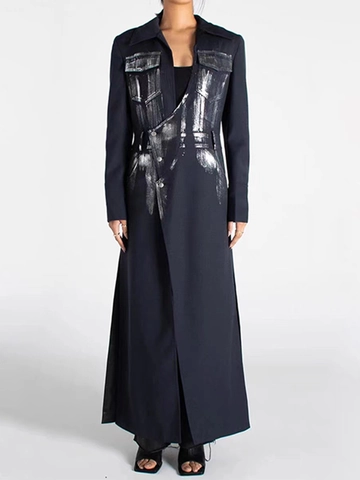 Damen Rock Stil Langer Blazer Mantel Graffiti Druck Schlanke Taille Schlitz Maxi Anzug Jacke Avantgarde Streetwear Oberbekleidung