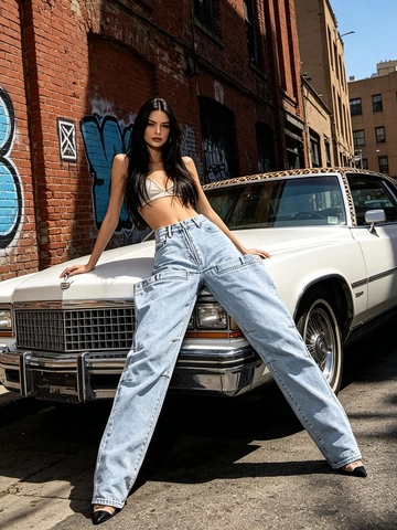 Dames High Waist Straight Leg Jeans Avant-Garde Structurele Oversized Zakken Gewassen Denim Streetwear Losse Lange Broek