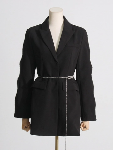 Vestido Blazer Negro Elegante Para Mujer Con Mangas Caladas De Strass Solapa De Pico Y Cinturón De Cadena Plateada