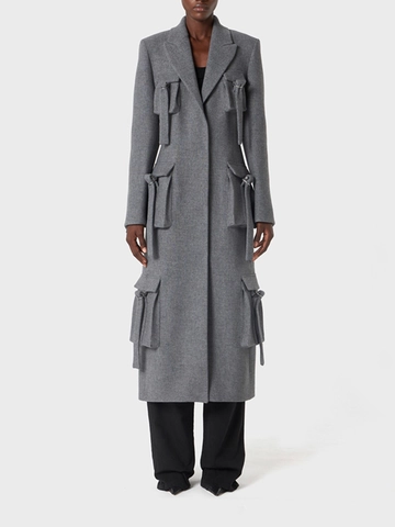 Veste Blazer Longue Grise pour Femme Style Workwear Multi-Poches Revers à Boutonnage Simple Manteau de Mode de Banlieue