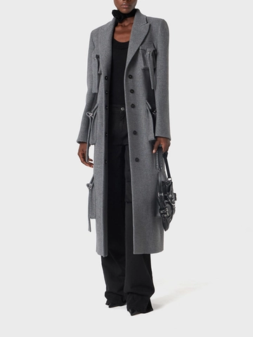 Veste Blazer Longue Grise pour Femme Style Workwear Multi-Poches Revers à Boutonnage Simple Manteau de Mode de Banlieue